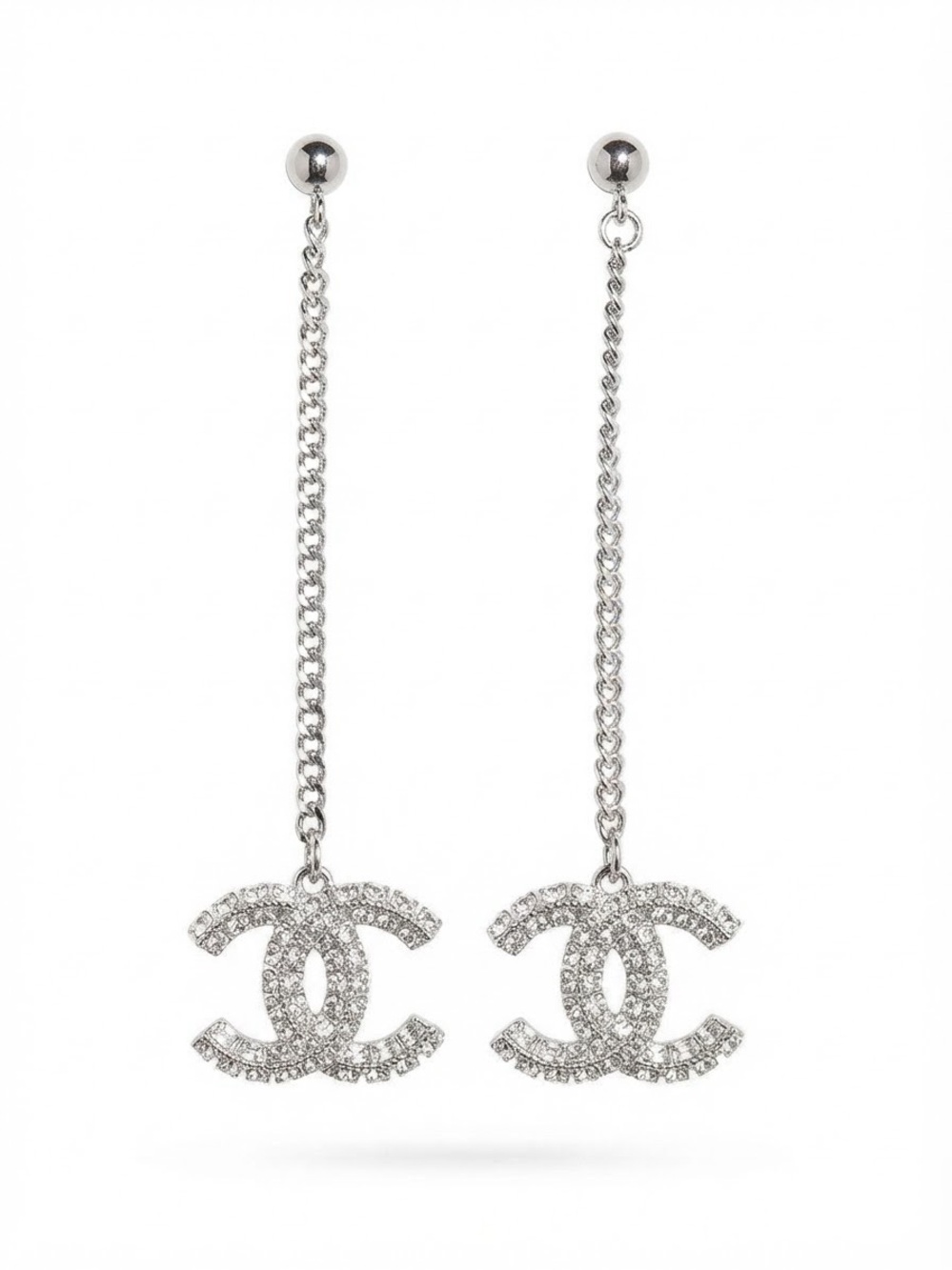 Silver Tome Crystal Letter C Long Drop Chain Earrings